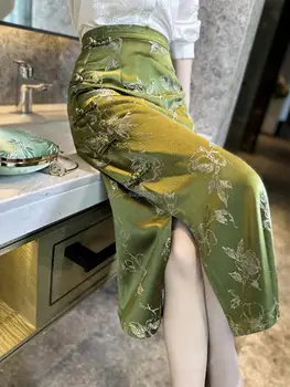 2023 Китайский ретро-стиль Зеленый винтажный Cheongsam Дизайн пуговицы Юбка Женская летняя элегантная полуюбка с разрезом с завышенной талией S297