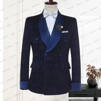 2023 Новый темно-синий жаккардовый свадебный смокинг Мужской костюм Атласный лацкан Slim Fit Повседневный деловой жених Мужская модная куртка Блейзер Пальто