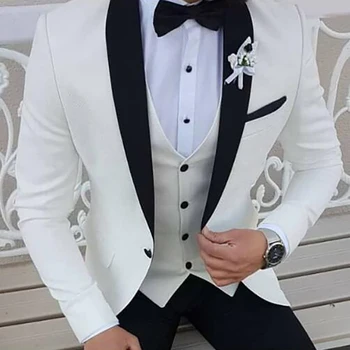 2023 Последнее пальто Дизайн брюк Белый мужской костюм Черная шаль с лацканом Формальный смокинг Свадебный костюм для мужчин Выпускное платье для вечеринки с брюками