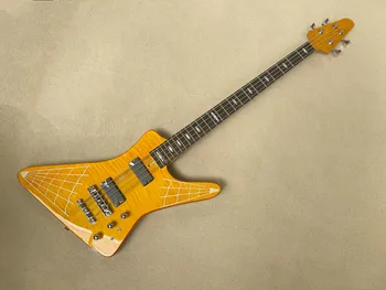  4-струнная электрическая бас-гитара с желтым корпусом и грифом через корпус, хромированное оборудование, предоставление индивидуального обслуживания