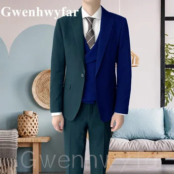 Gwenhwyfar Новый Men's Trend Смешанный цвет Темно-зеленый Королевский синий модный костюм Пиковые лацканы Тонкое пальто Свадебный жених 3 шт. Смокинг