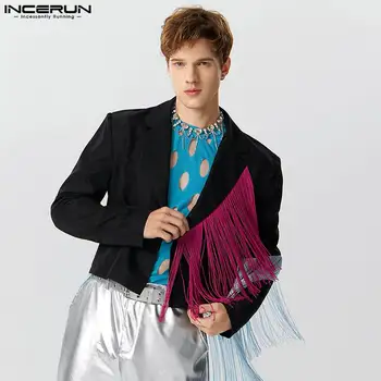 INCERUN Tops 2023 Американский стиль Мужской стильный красочный костюм в стиле пэчворк с кисточками Повседневный мужской однотонный блейзер с длинными рукавами S-5XL