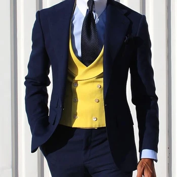 Slim Fit Повседневные мужские костюмы с желтым жилетом Темно-синие брюки Свадебный смокинг из 3 предметов для Gromsmen Мужская модная куртка 2023