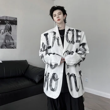 SYUHGFA Корейский стиль Роскошный костюм Пальто Тренд Мужчины Осень Новая Печать Буква Шаблон Повседневные Блейзеры Личность Мужская одежда