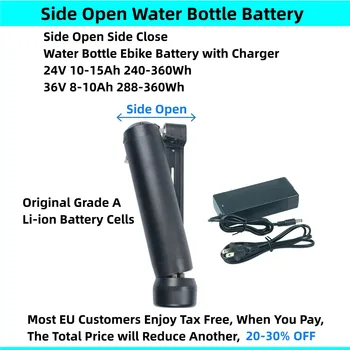 Боковая открытая бутылка для воды Dolphin Ebike Батарея 36 В 10 Ач 9 Ач 8,8 Ач 8 Ач 24 В 10 Ач 15 Ач Городской велосипед Пригородный аккумулятор для электровелосипеда с зарядным устройством