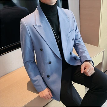 Британский стиль Мужчины Полоска Приталенный двубортный пиджак Пиджаки Мужская одежда 2023 Новый деловой свадебный костюм Пиджак