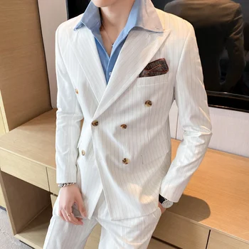 Британский стиль полосатые мужские пиджаки двубортный повседневный пиджак пиджак тонкий свадебный бизнес офис выпускной вечер платье пальто одежда