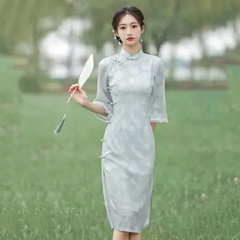 Женщины Зеленый Улучшенный Cheongsam Высокая Мода Средняя Длина Сладкое Летнее Платье Винтаж Стиль Тонкая Мода Qipao M To 5XL