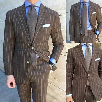 Красивый коричневый полосатый лацкан мужской 2 шт. (пальто + брюки) Tailored Fit Повседневные мужские деловые костюмы на двух пуговицах