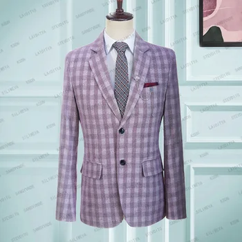 Модный мужской костюм Свадебный блейзер Фиолетовый Ретро Клетка Узор Повседневная деловая куртка Весна Цельный Slim Fit 2023