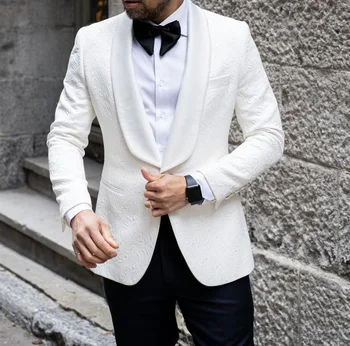 Мужские костюмы Куртка Slim Fit 2 шт./классический белый жаккардовый блейзер с цветочным принтом с черными брюками для свадьбы Жених Носить Костюм Homme Set