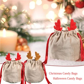 Рождественские сумки для конфет Сумки из оленьих рогов Бархатный рисунок String Bunny Подарочные упаковочные сумки Дропшиппинг Сумки Украшение для вечеринки 2023 Navidad New