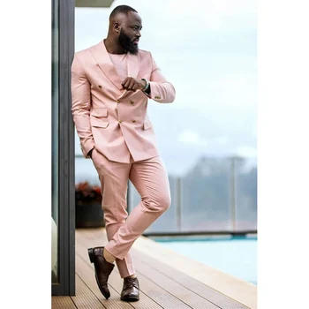 Роскошный свадебный блейзер Розовые мужские костюмы Двубортный остроконечный лацкан Формальный свободный пиджак из 2 предметов Брюки Костюм обычной длины