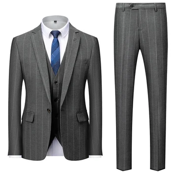 Серый полосатый облегающий костюм для мужчин Высокое качество Мужские деловые костюмы 3 шт. Жених Свадебный смокинг Формальный костюм Мужской Q1253