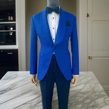 синий жаккардовый свадебный костюм для мужчин Slim Fit Цветочный жених Смокинг на заказ 2 шт. Мужской модный костюм (куртка + брюки) 2024