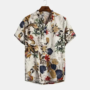  Этнический стиль Мужская повседневная стойка Воротник Растение Цветок Рубашка с короткими рукавами